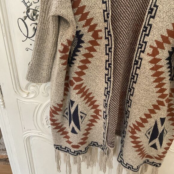 Oceanus Tribal Fringe Cardigan Sweater Women's Large Open Front Boho Aztec Knit - Picture 5 of 13